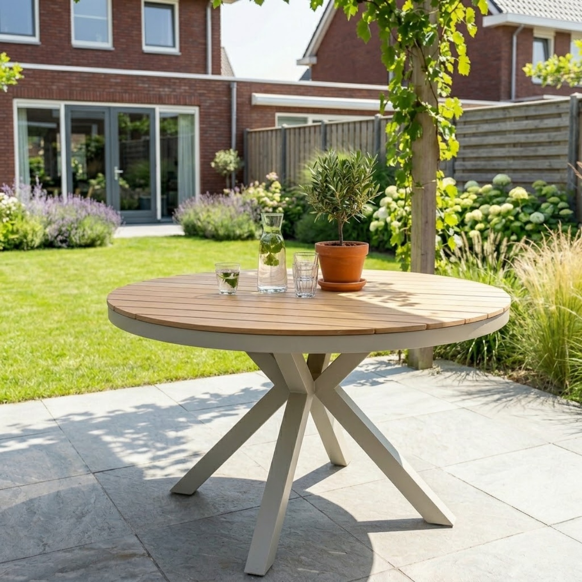 Tuintafel Calgary Rond 140cm Warm Wit/Hout Dining Eettafel – RP140W